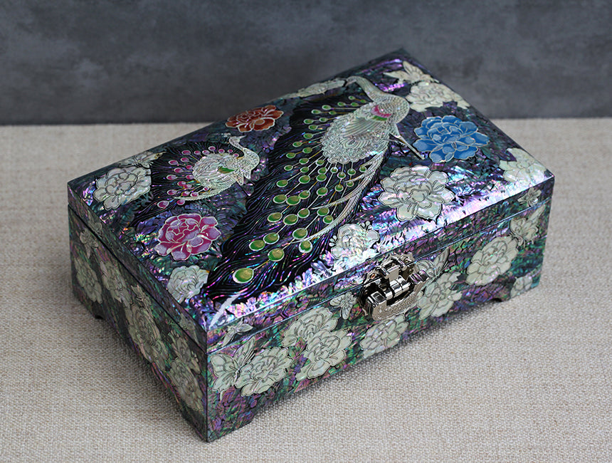Peony & Peacock jewelry box — detail