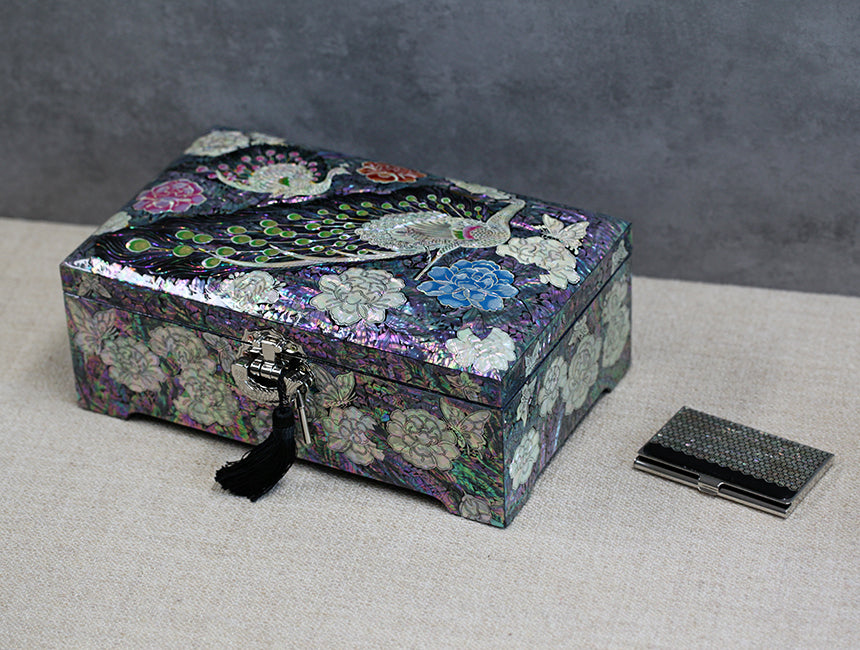 Peony & Peacock jewelry box — detail